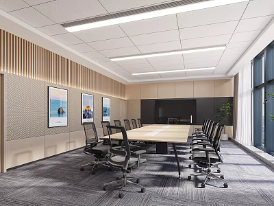 Modern Meeting Room Interior With Long Table Black Office Chairs Large Windows And Ceiling Lights 3d model