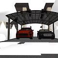 Residential Carport Area With Two Luxury Cars Greenery Trees And Pergola Structure