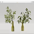 Two Green Glass Vases With Fresh Green Leafy Branches On White Background