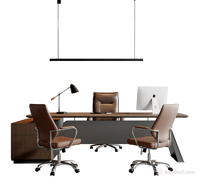 Wooden Office Desk With Three Leather Chairs Desk Lamp And Computer Monitor 3d model 