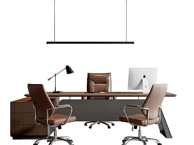 Wooden Office Desk With Three Leather Chairs Desk Lamp And Computer Monitor 3d model