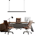 Wooden Office Desk With Three Leather Chairs Desk Lamp And Computer Monitor