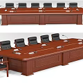 Wooden Conference Table With Black Leather Chairs And Microphones On Top