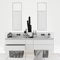 Modern Bathroom Vanity With Wooden Cabinet Double Mirrors And Green Cactus Plant
