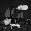 Sofa Coffee Table Set With White Black Sofas Dark Wall Circular Window And Cloud Pendant Light 3d model