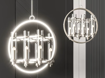 Modern Circular Chandeliers With Metal Frame Transparent Elements And Illuminated Glow On Striped Wall Background 3d model