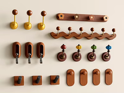 Stylish Wooden Wall Hooks With Various Decorative Designs And Functional Shapes 3d model