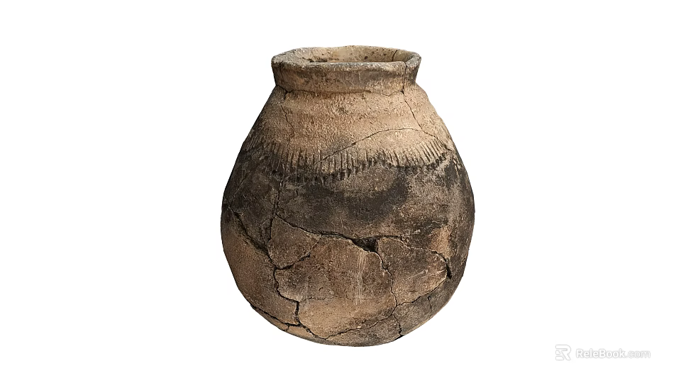 Ancient Cracked Ceramic Vessel With Textured Exterior And Brown Black Hues 3d model 