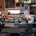 Modern Home Office Workspace With Dual Monitors Desk Chair Bookshelf And Wall Art