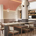 Warm Toned Restaurant Interior With Pendant Lights Dining Tables Chairs Bar Counter And Decorative Column
