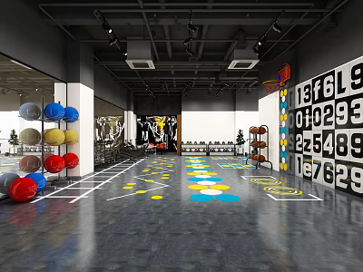 Modern Fitness Gym With Dumbbells Colorful Medicine Balls Floor Markers Wall Art Basketball Hoop 3d model
