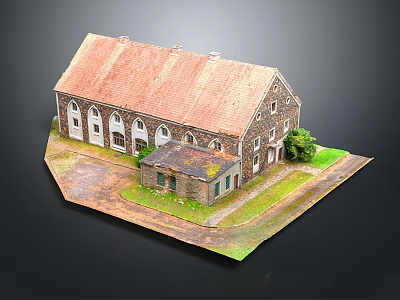 Scenic Historical Stone Building with Red Roof Small Annex and Green Grass 3d model