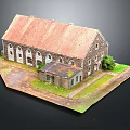 Scenic Historical Stone Building with Red Roof Small Annex and Green Grass