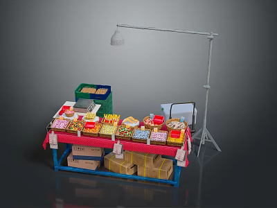 Colorful Food Stall Display With Red Tablecloth Food Boxes Floor Lamp And Folding Chair 3d model