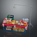 Colorful Food Stall Display With Red Tablecloth Food Boxes Floor Lamp And Folding Chair