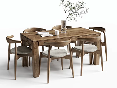Modern Wooden Dining Table and Six Chairs with Curved Backrest Light Gray Cushions Decorative Greenery 3d model
