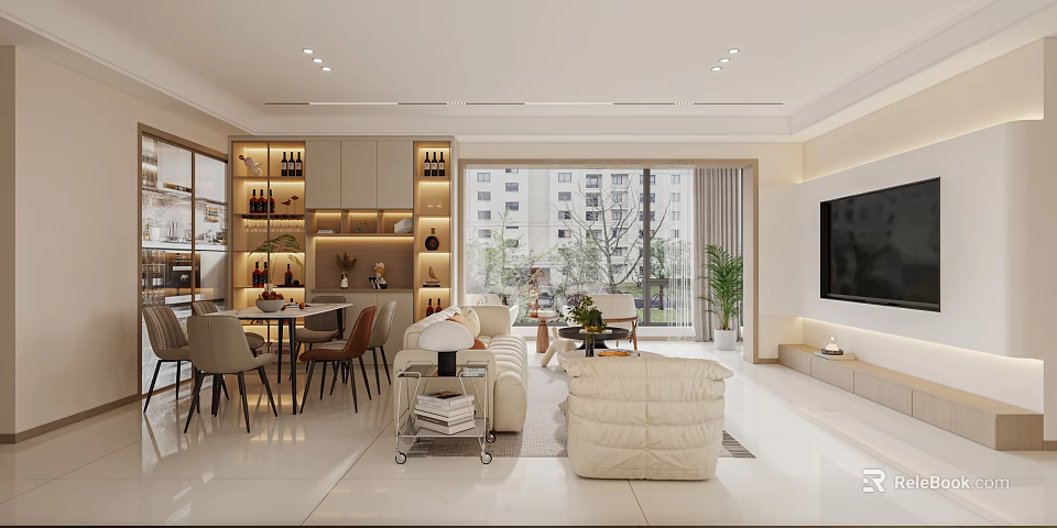 Modern Open Living And Dining Room Interior With Sofa Dining Table Plants And Large Windows 3d model 