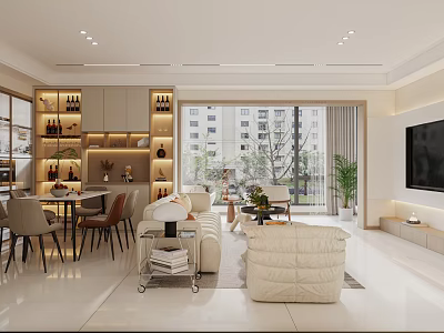 Modern Open Living And Dining Room Interior With Sofa Dining Table Plants And Large Windows 3d model