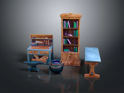 Collection of Wooden Furniture Including Bookshelf Workbench Barrel Stool and Table 3d model