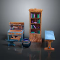 Collection of Wooden Furniture Including Bookshelf Workbench Barrel Stool and Table