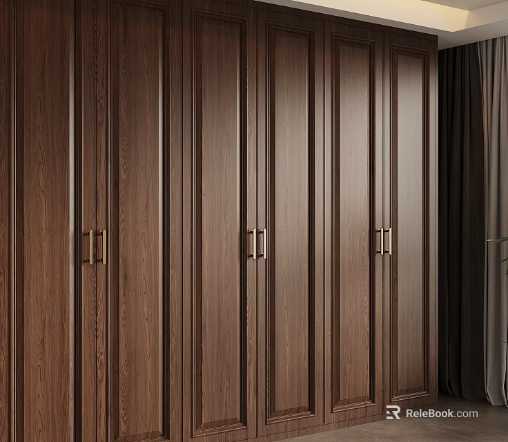 Modern Dark Brown Wooden Wardrobe With Multiple Doors And Brass Handles 3d model 