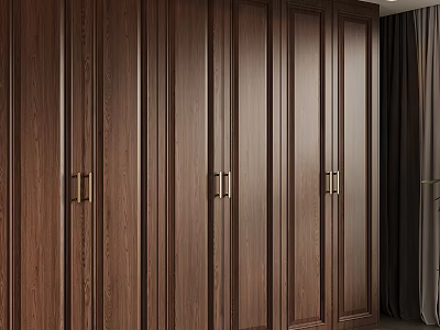 Modern Dark Brown Wooden Wardrobe With Multiple Doors And Brass Handles 3d model