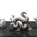 Ornate Ceramic Animal Figurines Featuring Snake Ox Rat With Floral Decorations