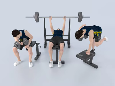 Men Performing Various Fitness Exercises With Dumbbells Barbell And Workout Bench 3d model