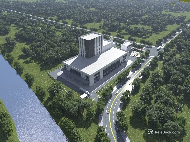 Modern Industrial Factory Building Near River With Green Trees And Road Access 3d model 