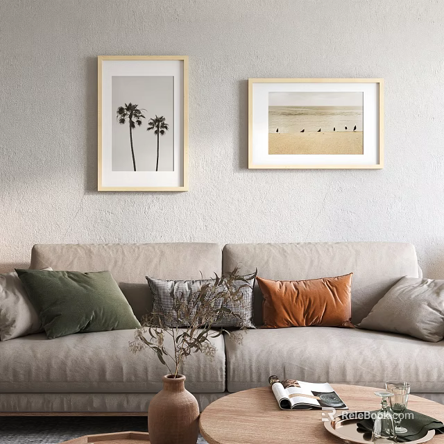 Neutral Tones Living Room Interior With Beige Sofa Colorful Pillows And Framed Wall Art 3d model 