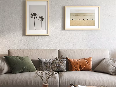 Neutral Tones Living Room Interior With Beige Sofa Colorful Pillows And Framed Wall Art 3d model