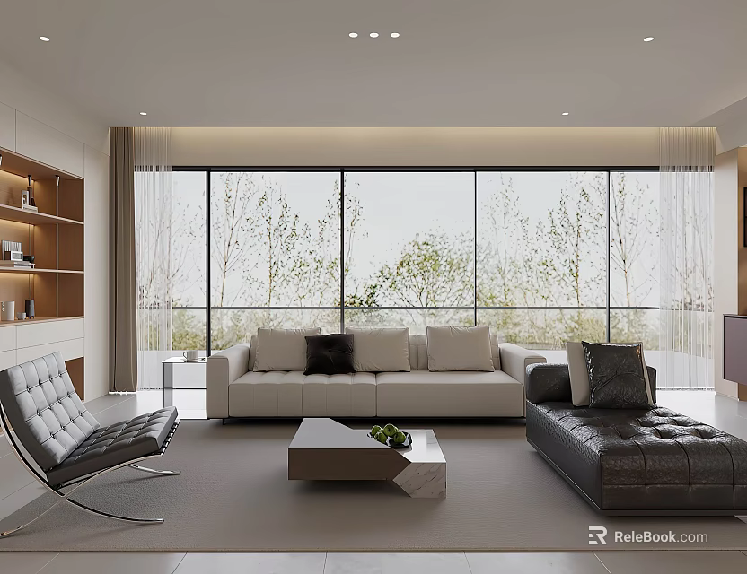 Modern Minimalist Sofa And Coffee Table Set For Bright Spacious Living Room With Large Windows 3d model 