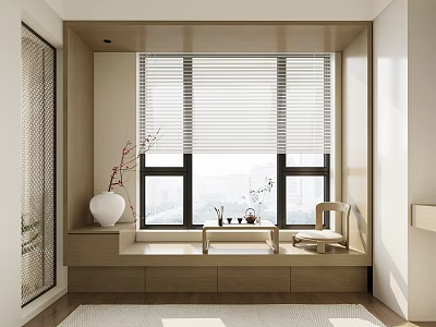 Modern Bay Window with Wooden Sill White Vase and City View Through Venetian Blinds 3d model