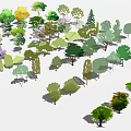 Diverse Colorful Flowers and Plants with Various Tree Shapes in Garden Setting
