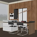 Modern Dining Table Set With Wooden Top Metal Chairs And White Kitchen Cabinets