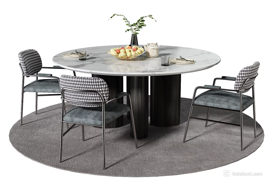 Modern Round Dining Table Set With Marble Top Black Legs And Checkered Back Chairs 3d model