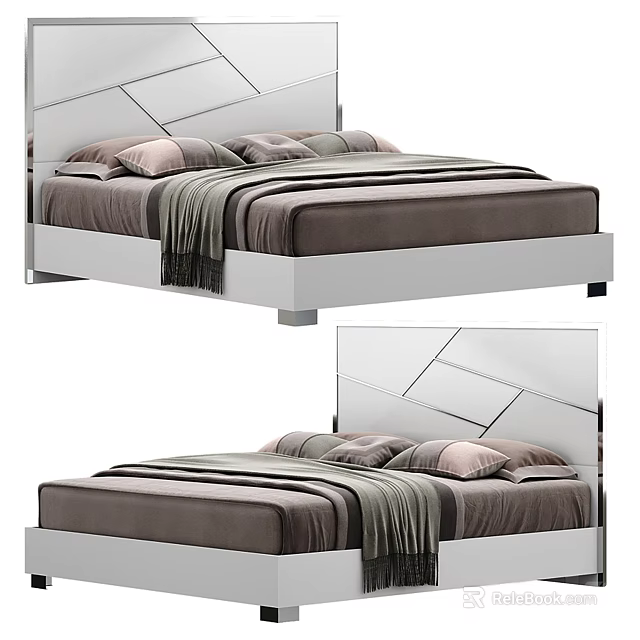 Modern Double Bed Design With Geometric Headboard Gray Bedding And Pink Pillows 3d model