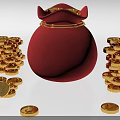 Red Money Bag With Stacked And Scattered Gold Coins Decorative Ornament Set