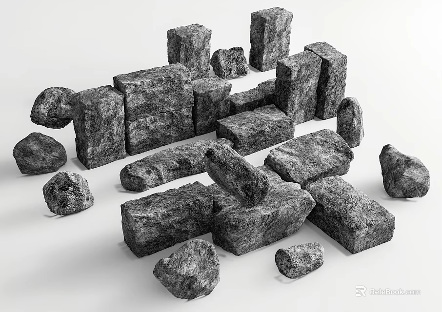 Natural Stone and Wood Blocks of Various Sizes Stacked for Rustic Decor 3d model 
