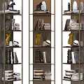 Modern Bookcase With Metal Frame Layered Design Shelves Decorated With Books And Artistic Sculptures