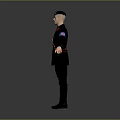 Uniformed Character In Black Uniform With Red Epaulets Blue Armband Brown Belt And Outstretched Arms