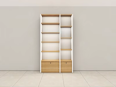 Modern Wooden Storage Shelf Cabinet With White Frame Open Shelves And Bottom Drawers 3d model