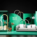 Modern Welcome Scene With Green Background Arch Designs Gray Sofa And Plants