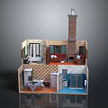 3D House Model Interior Scene With Living Room Fireplace Kitchen Dining And Bathroom Areas