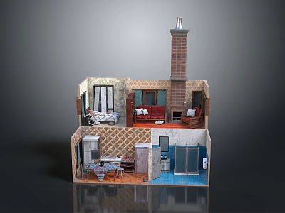 3D House Model Interior Scene With Living Room Fireplace Kitchen Dining And Bathroom Areas 3d model