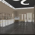 Spacious Museum Hall Interior With Glass Display Cases Yellow Ropes And Dark Floor