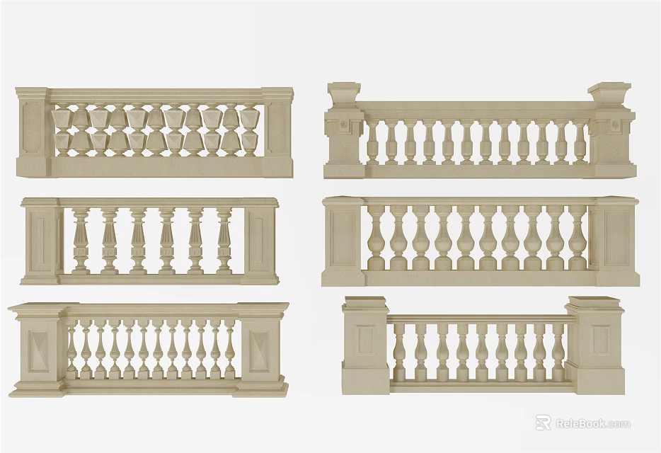 Classical Stone Railings With Ornate Balusters And Various Decorative Designs 3d model 