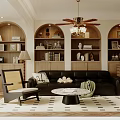 Warm Mid Century Living And Dining Room Interior Design With Arched Built In Storage Shelves