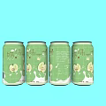 Four Green Pear Flavored Beverage Cans with Grid Pattern on Light Blue Background