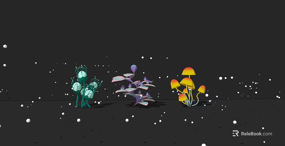 Cartoon Scene With Colorful Mushrooms On Dark Background And White Spots 3d model 